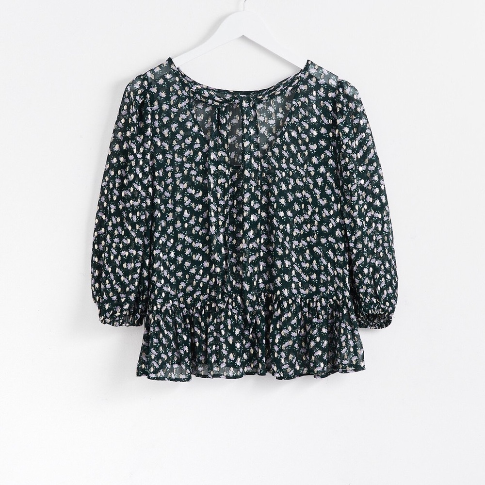 Oliver Bonas Metallic Fleck Floral Print Blue Blouse Size 6 / EU 38 EUC